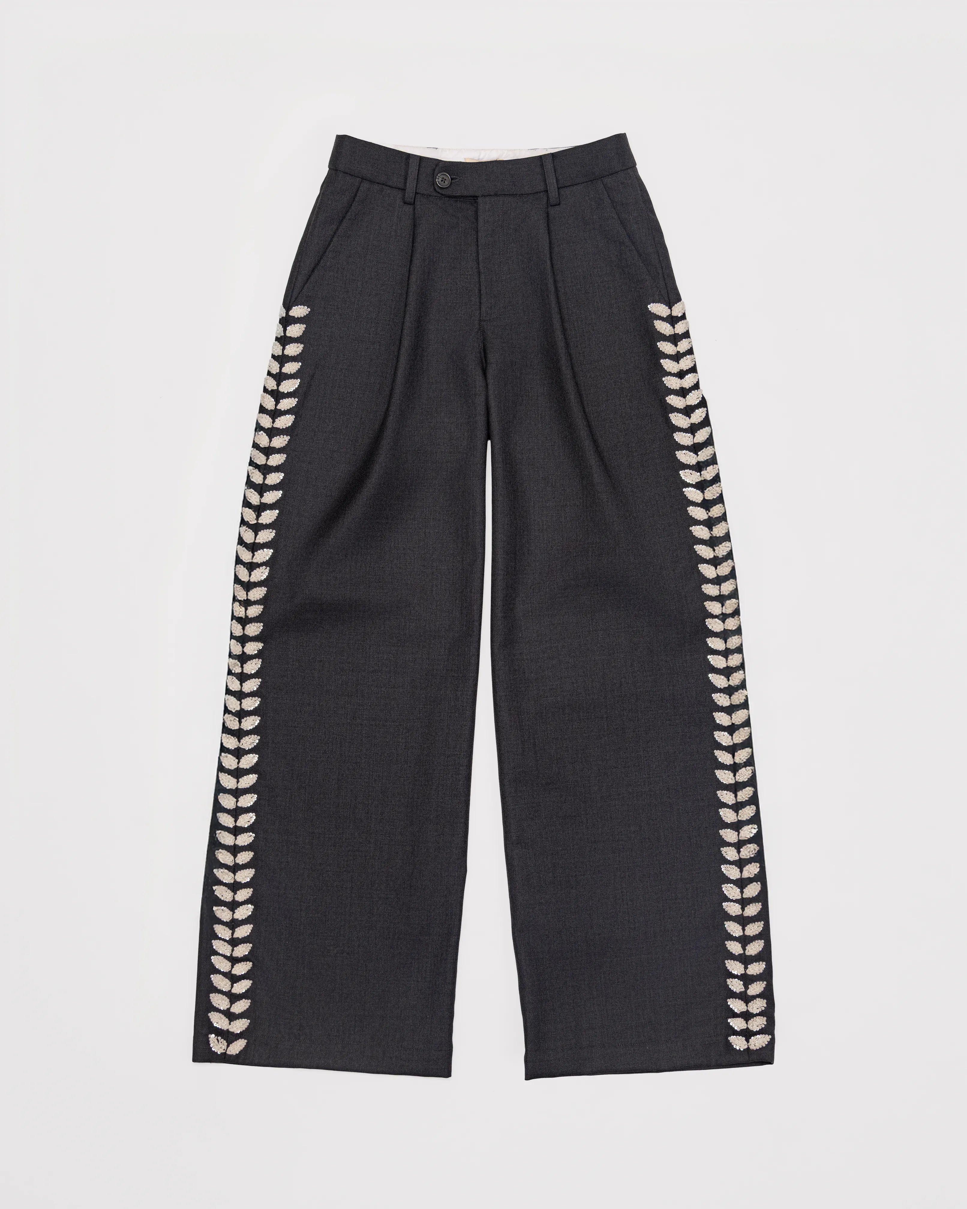 Hand-Embroidered Straight-Leg Organic Wool Trousers Luxe