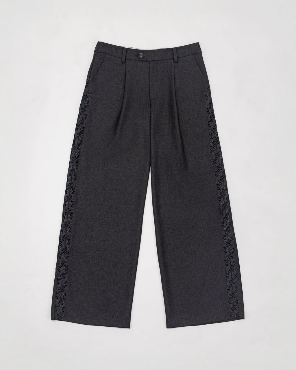 Hand-Embroidered Straight-Leg Organic Wool Trousers