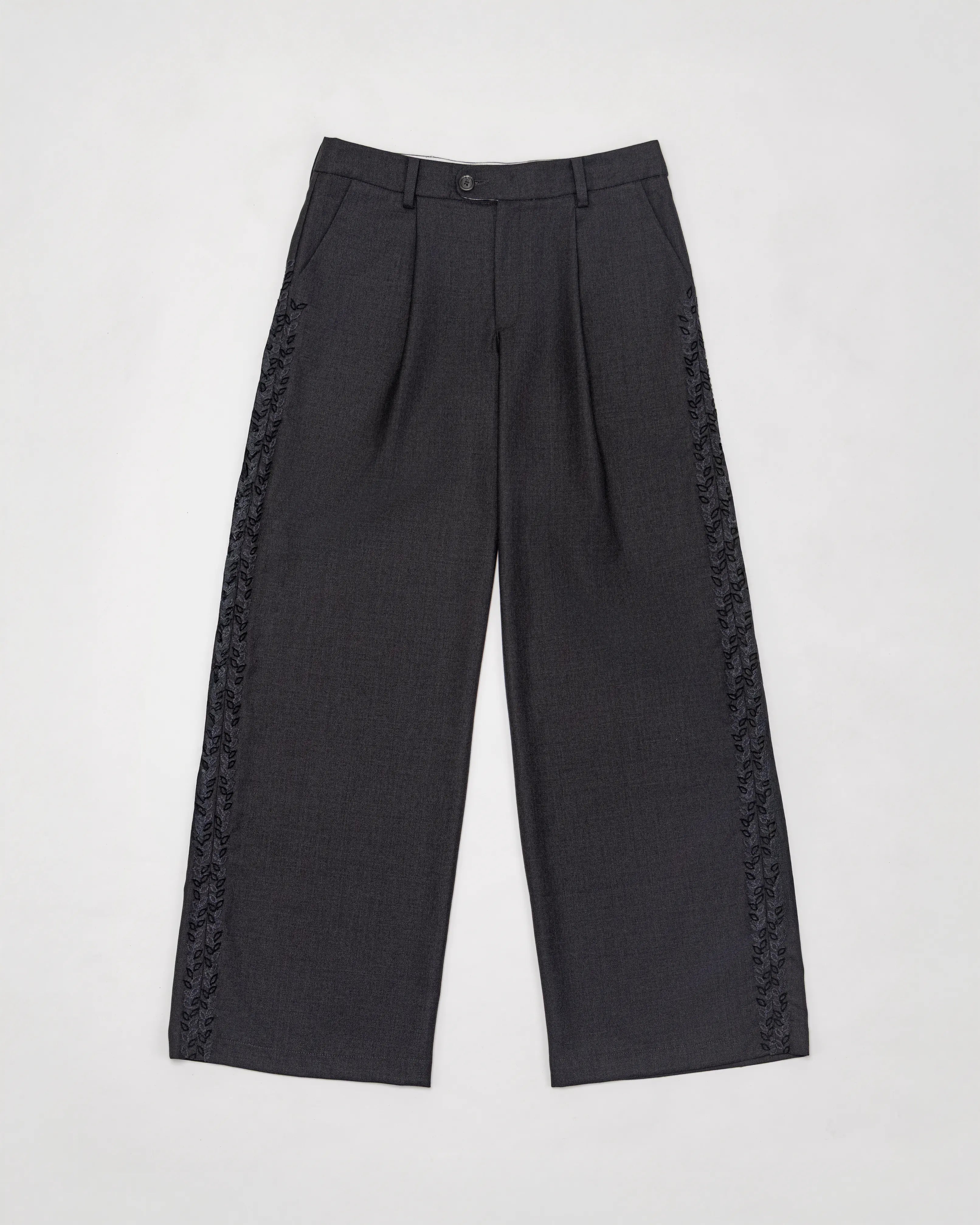 Hand-Embroidered Straight-Leg Organic Wool Trousers
