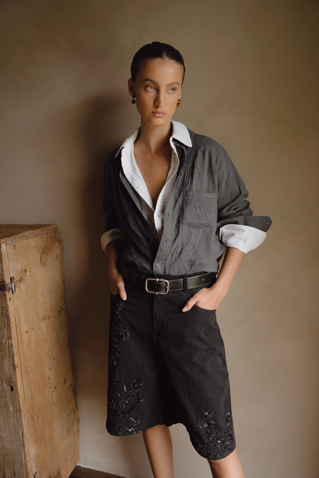 Hand-Embroidered Twill Shorts - Black