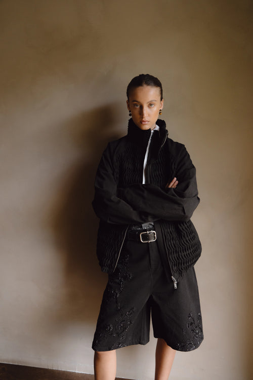 Hand-Pleated Twill Windbreaker Jacket - Black