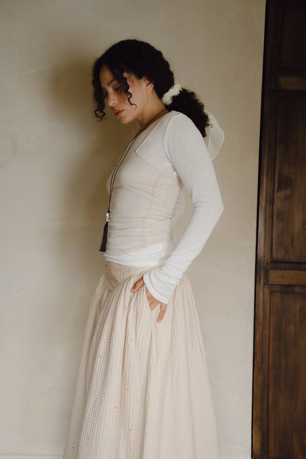 Hand-Embroidered Waffle Skirt - Vanilla Ice
