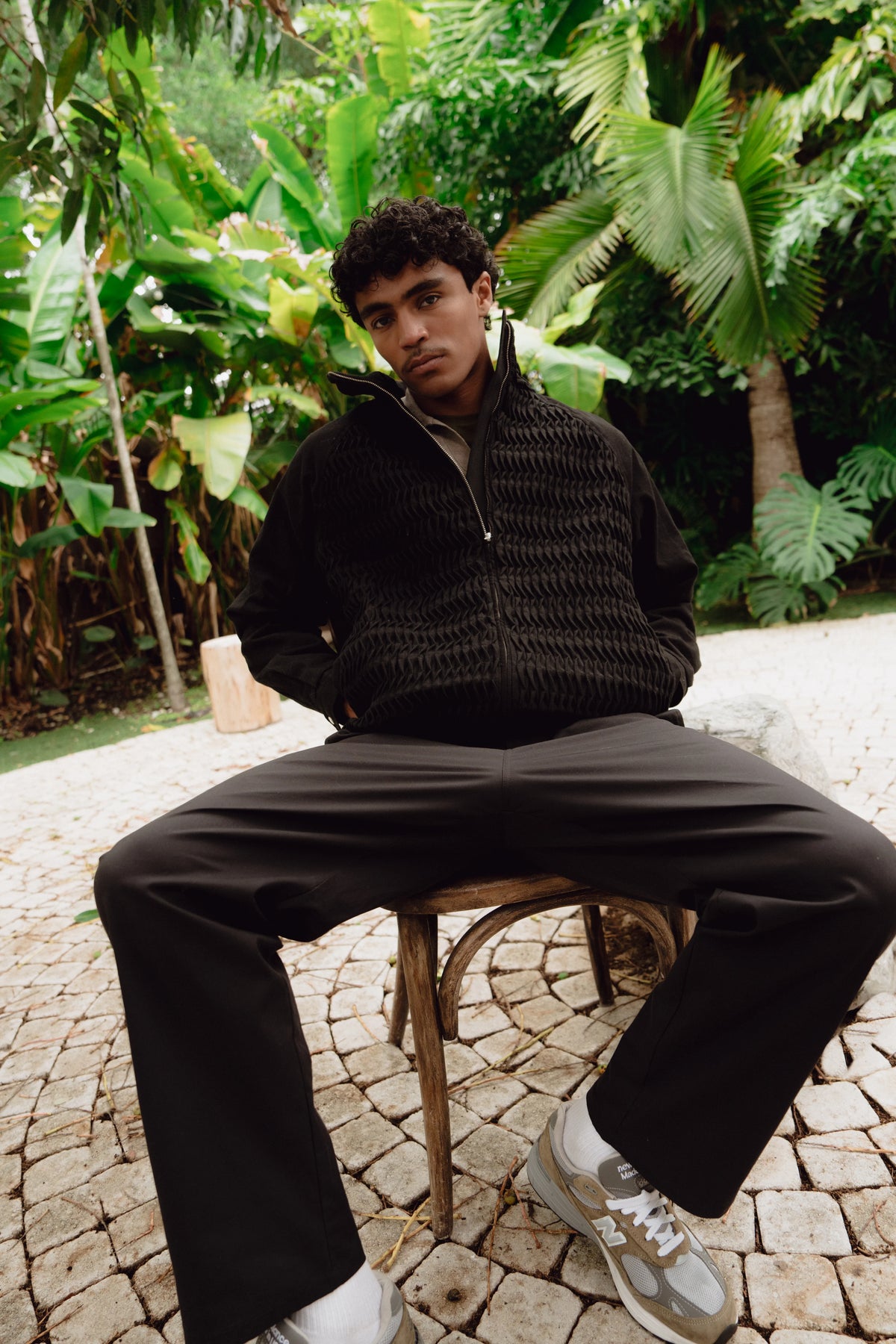 Hand-Pleated Twill Windbreaker Jacket - Black