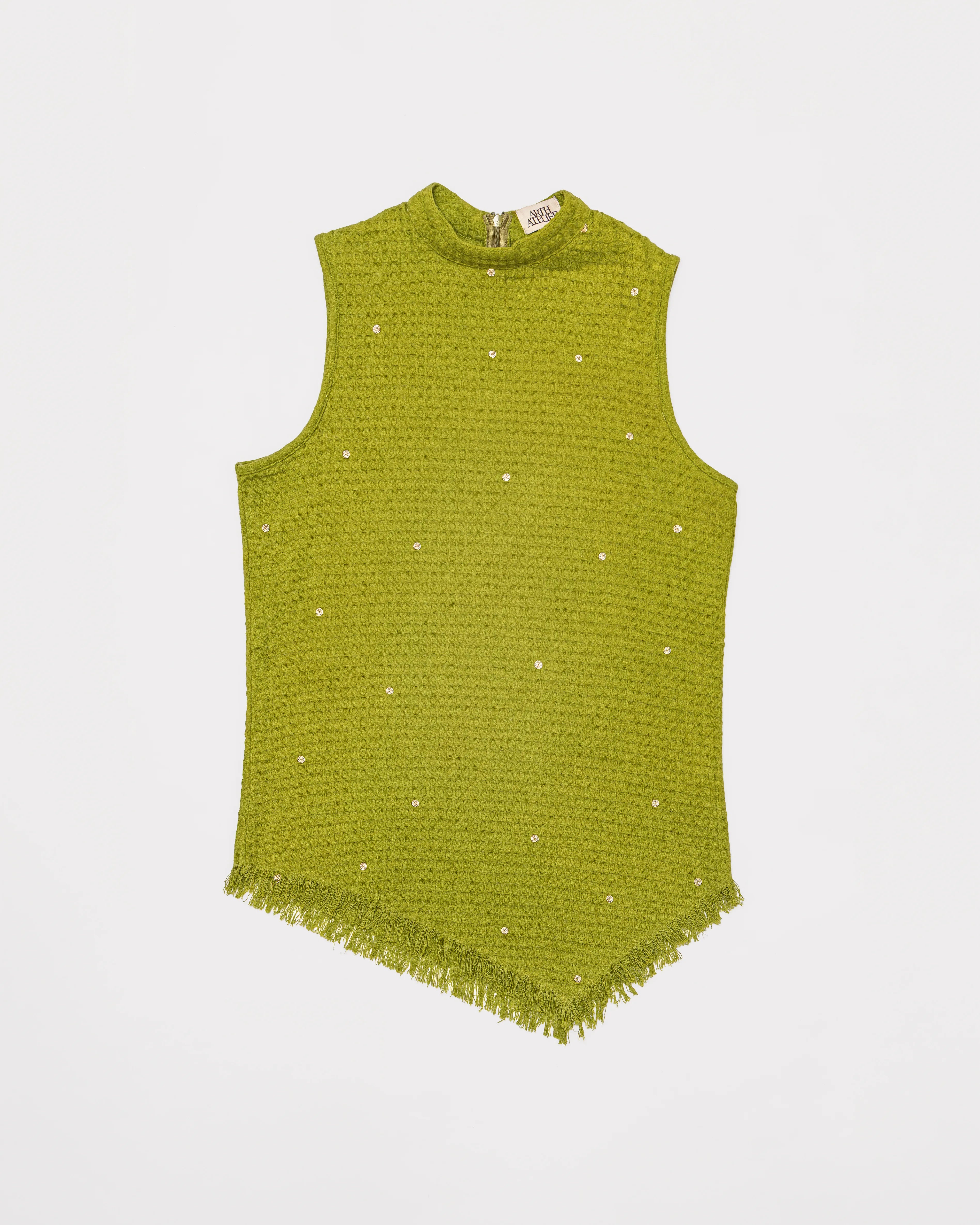 Hand-Embroidered Waffle Top - Matcha
