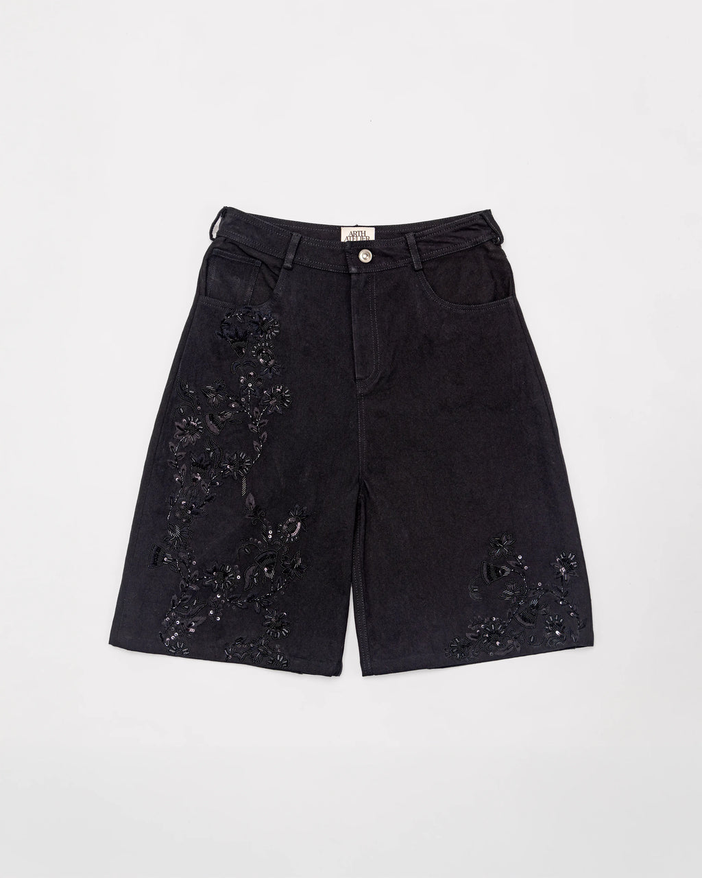 Hand-Embroidered Twill Shorts - Black