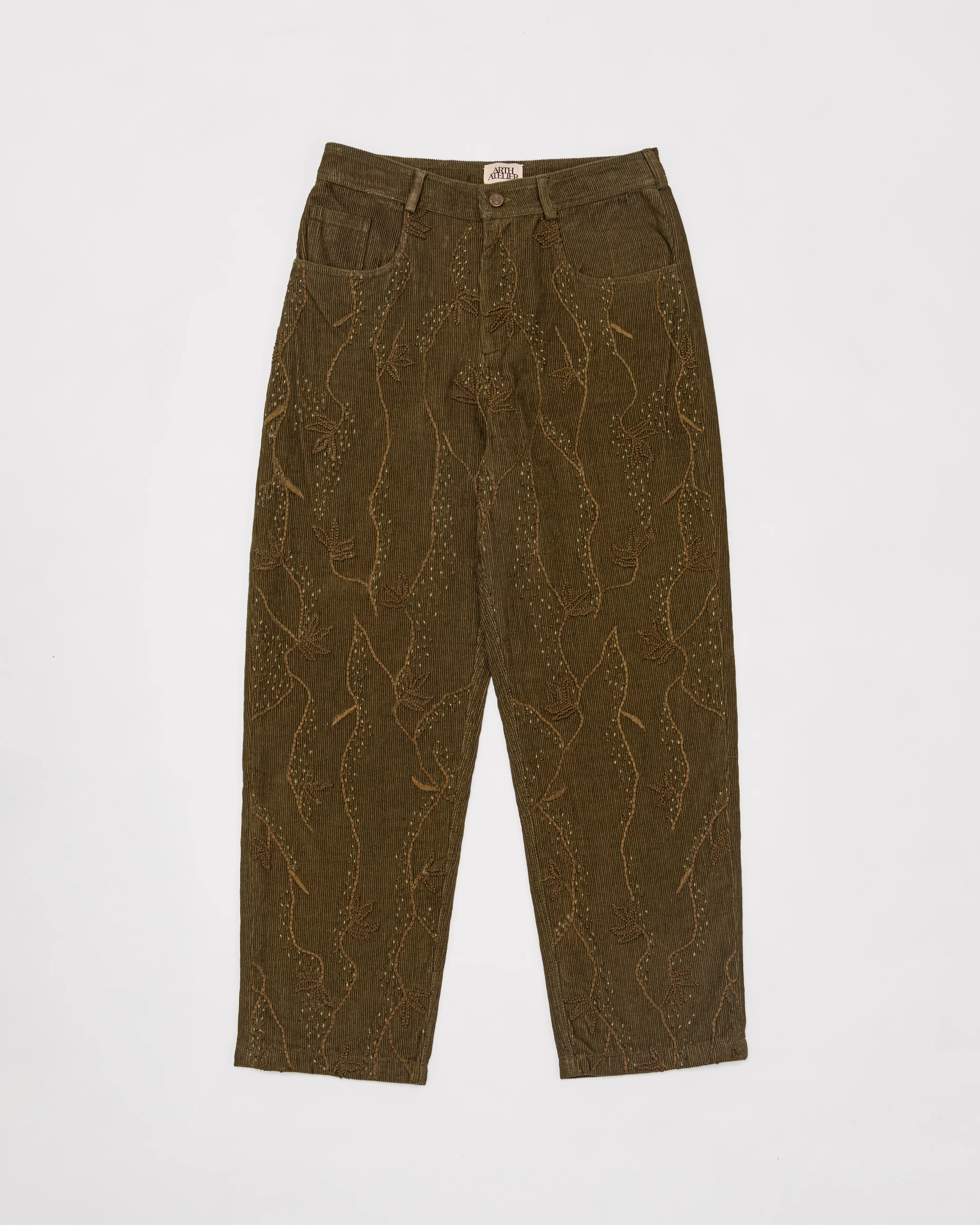 Hand-Embroidered Corduroy Pants - Olive