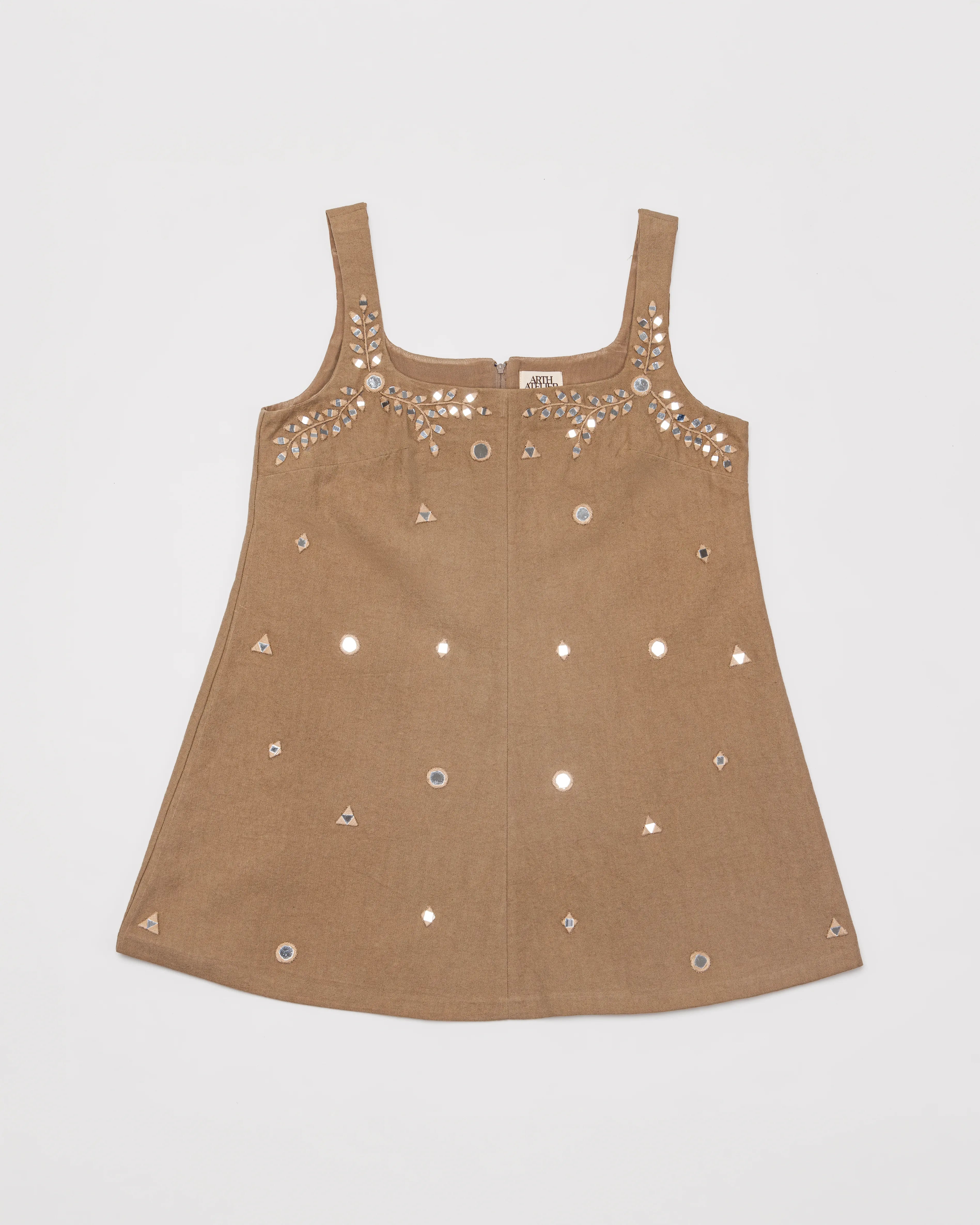 Hand-Embroidered Mirror Mini Dress - Tan