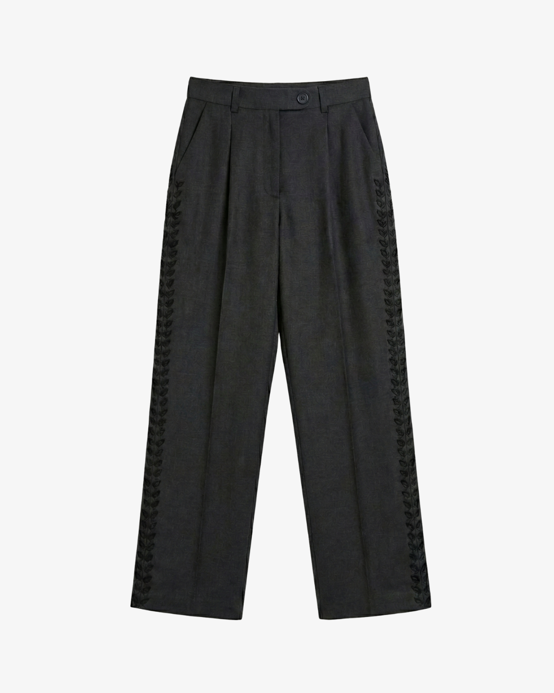 Hand-Embroidered Straight-Leg Organic Wool Trousers