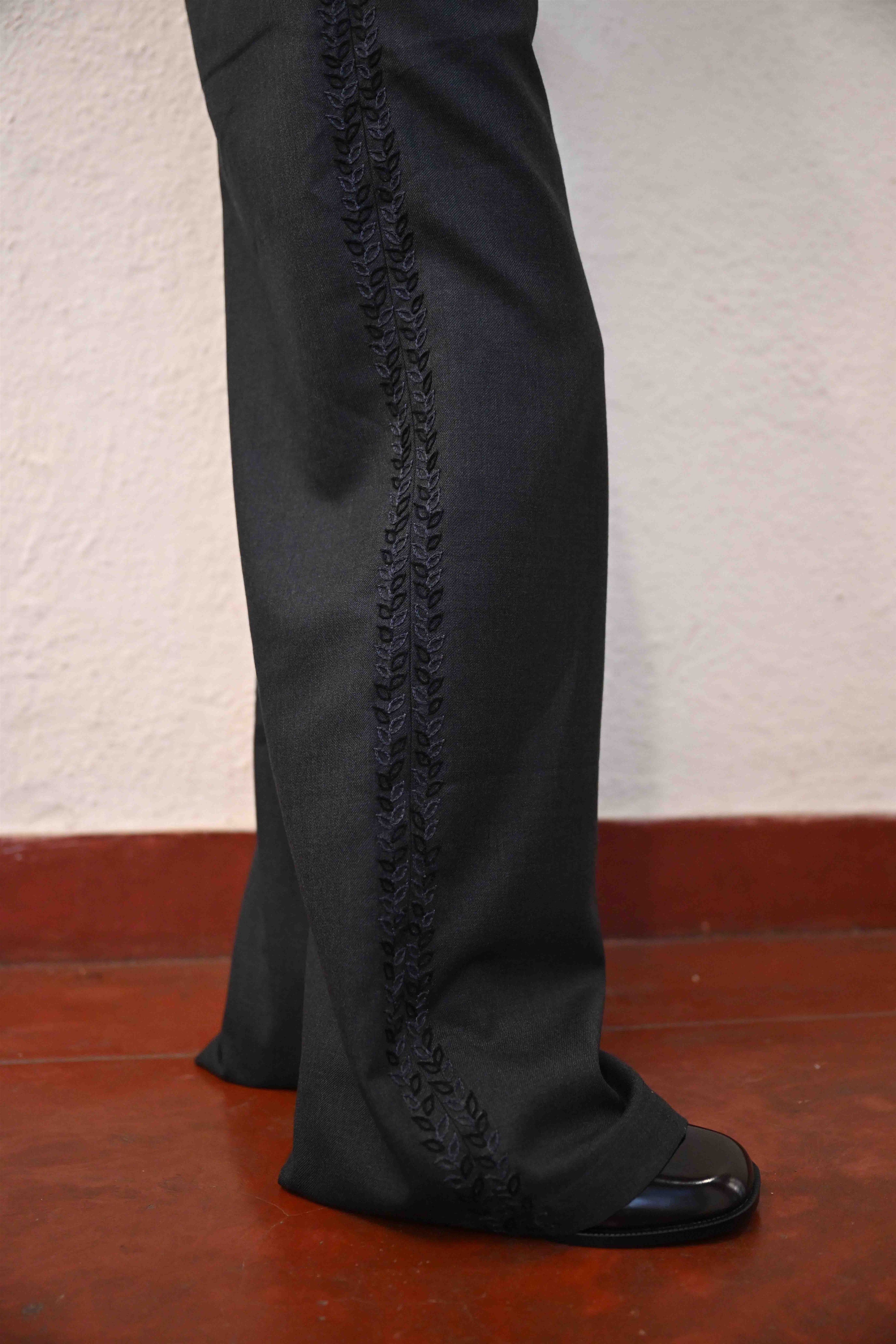 Hand-Embroidered Straight-Leg Organic Wool Trousers