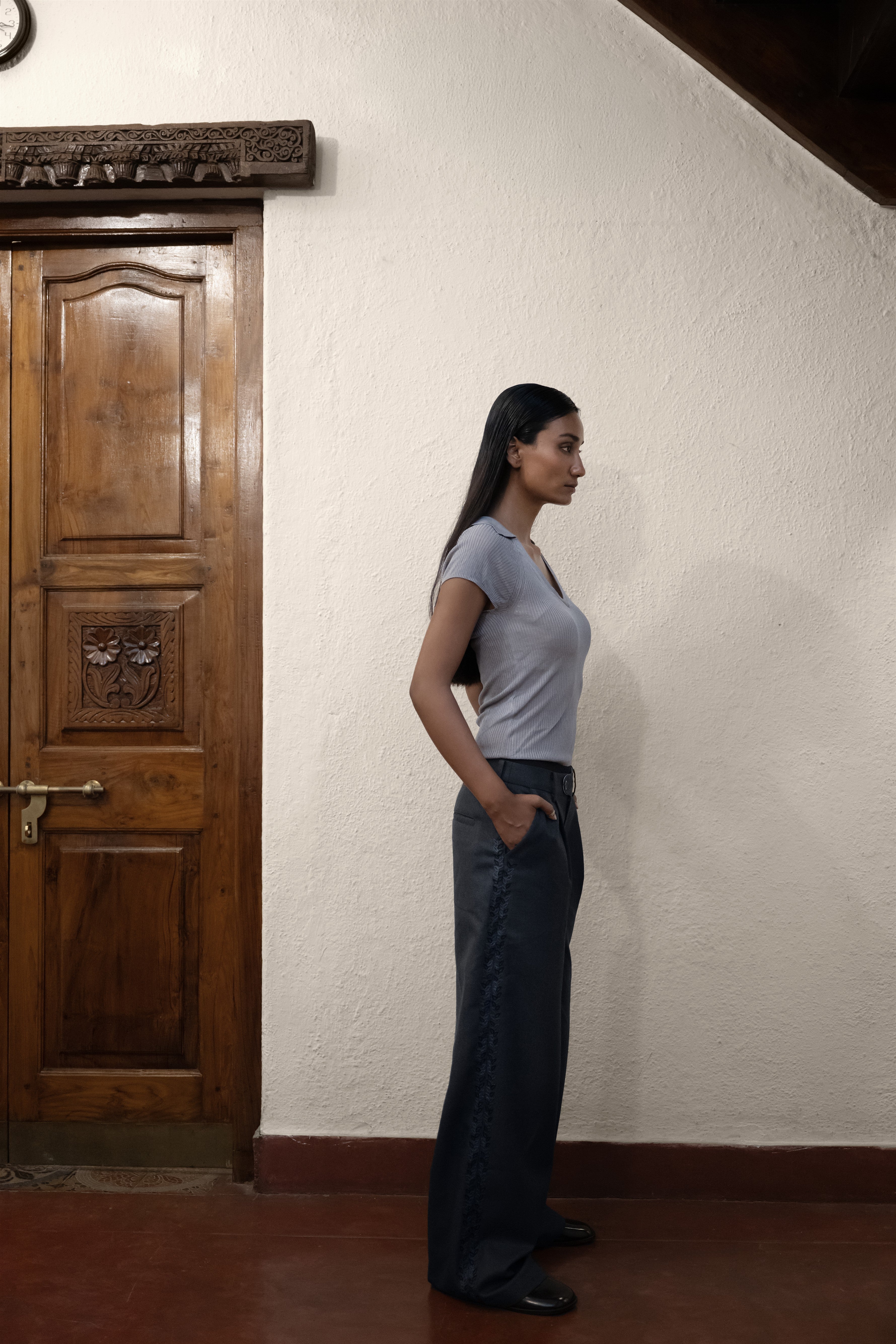 Hand-Embroidered Straight-Leg Organic Wool Trousers