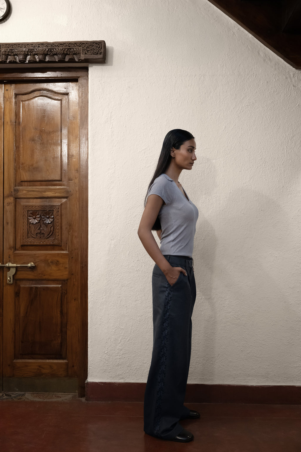 Hand-Embroidered Straight-Leg Organic Wool Trousers