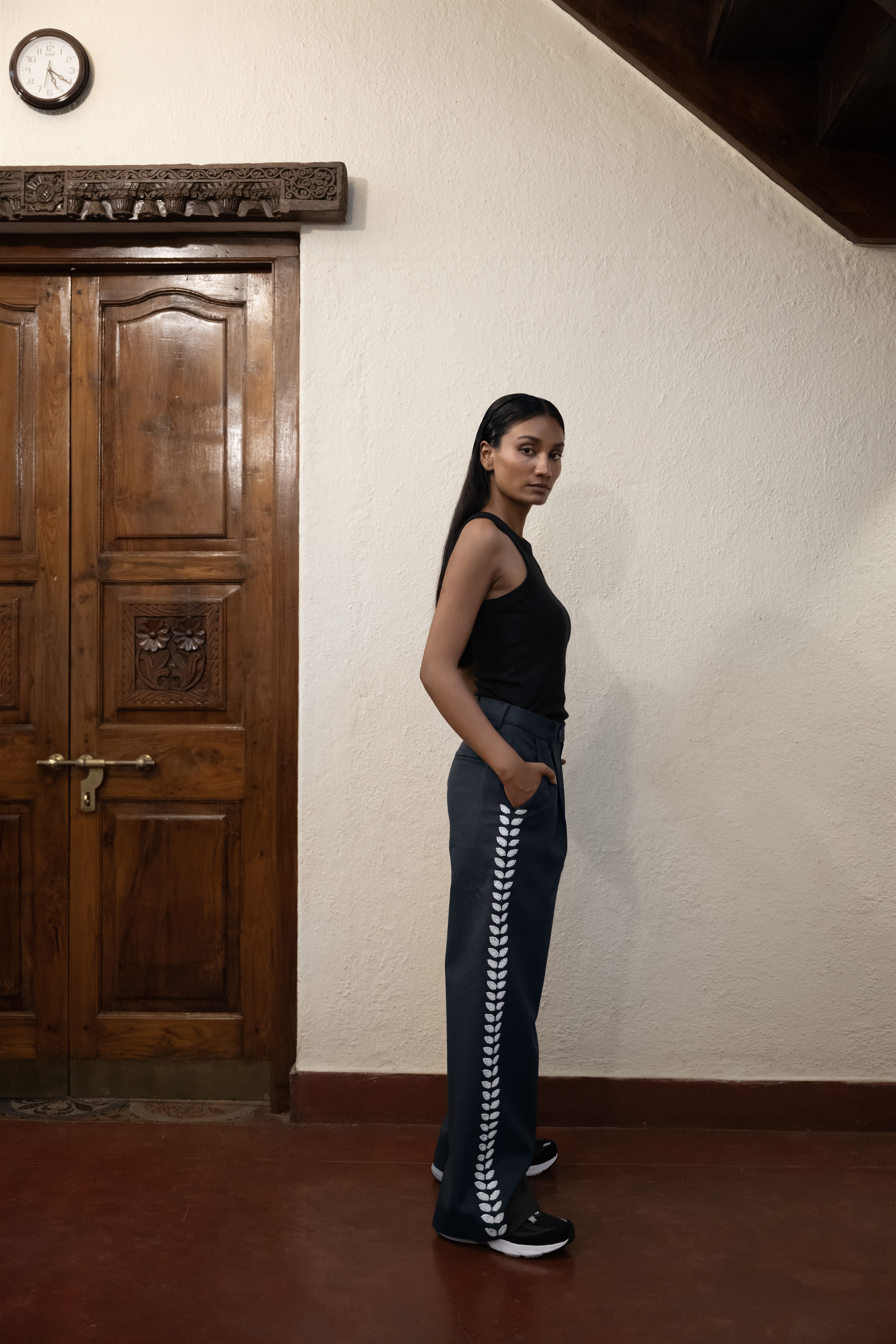 Hand-Embroidered Straight-Leg Organic Wool Trousers Luxe