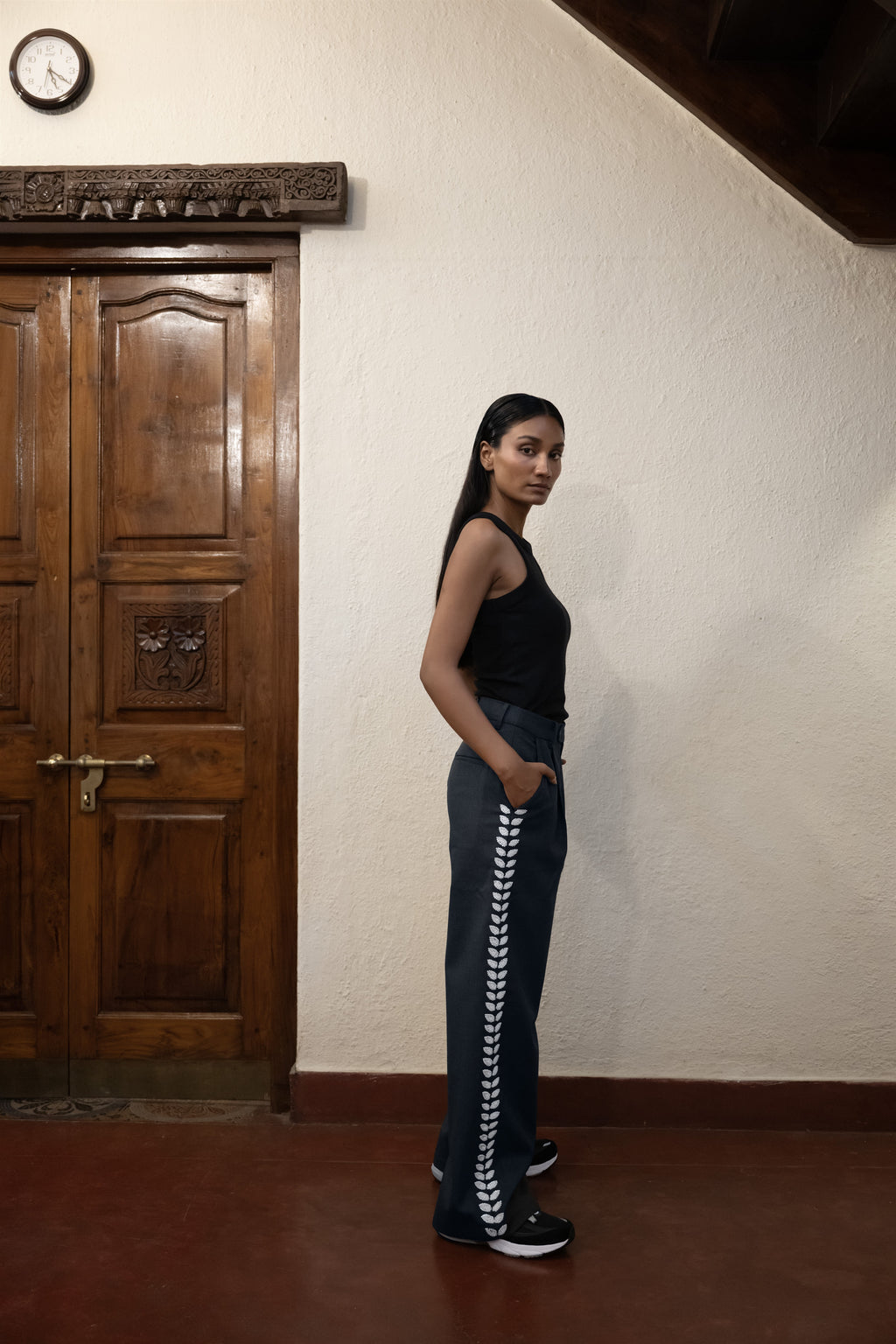 Hand-Embroidered Straight-Leg Organic Wool Trousers Luxe