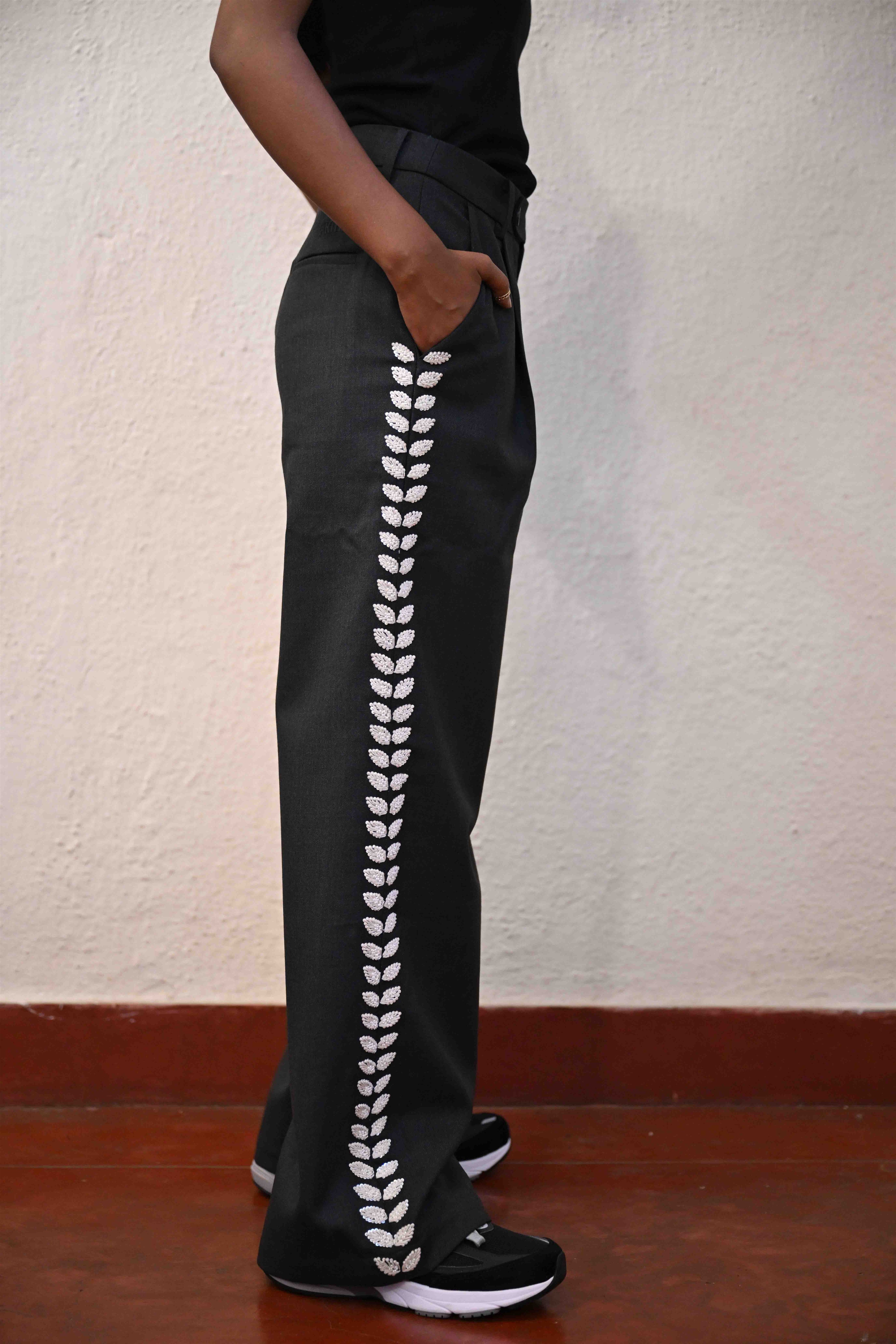 Hand-Embroidered Straight-Leg Organic Wool Trousers Luxe