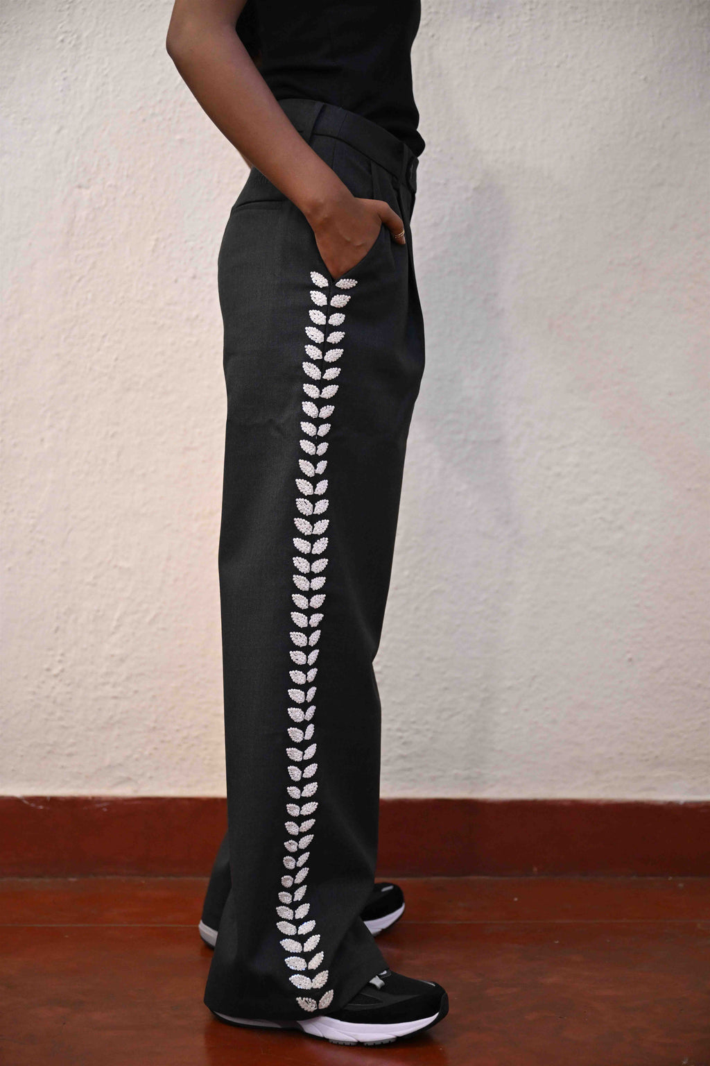 Hand-Embroidered Straight-Leg Organic Wool Trousers Luxe