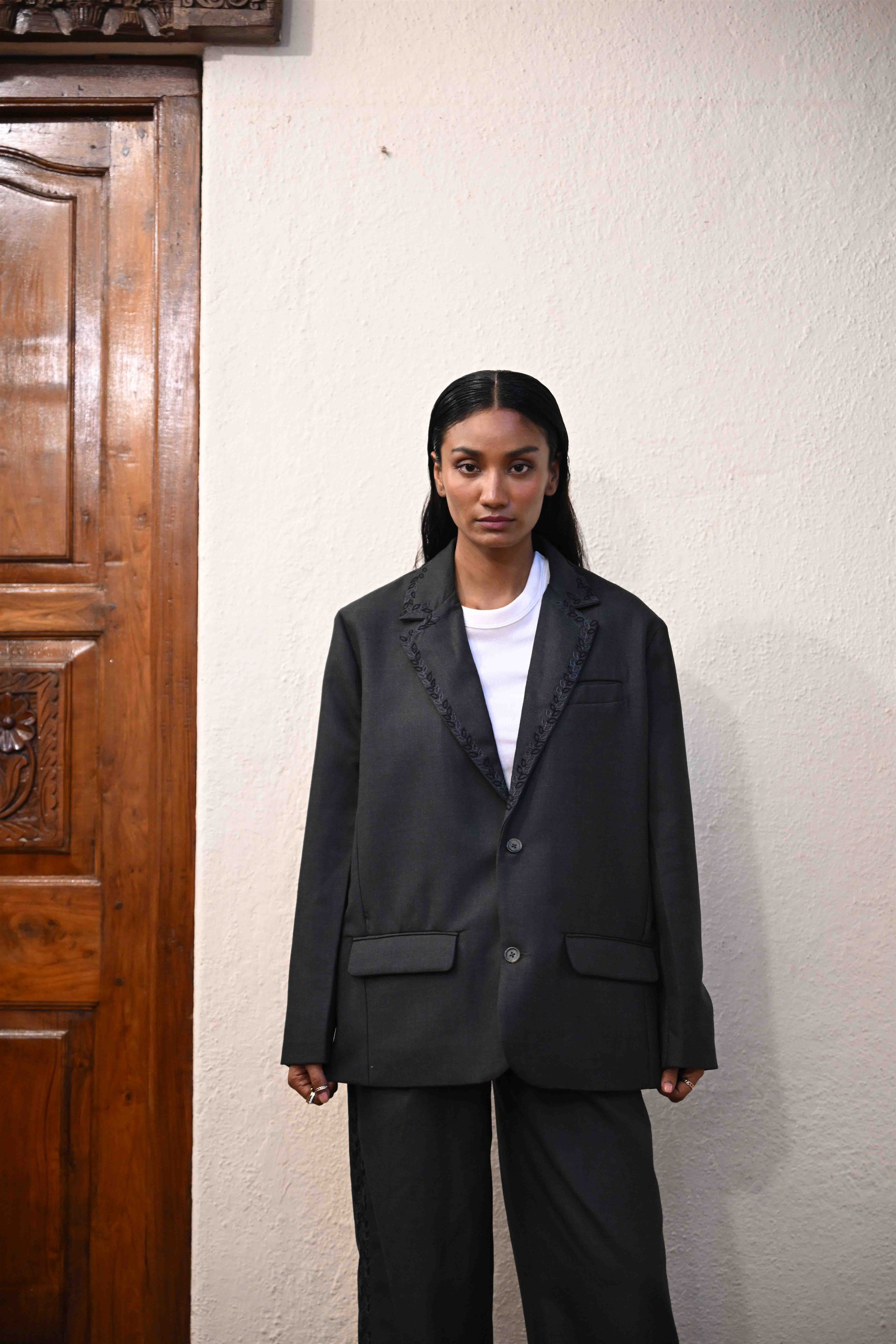 Hand-Embroidered Organic Wool Blazer