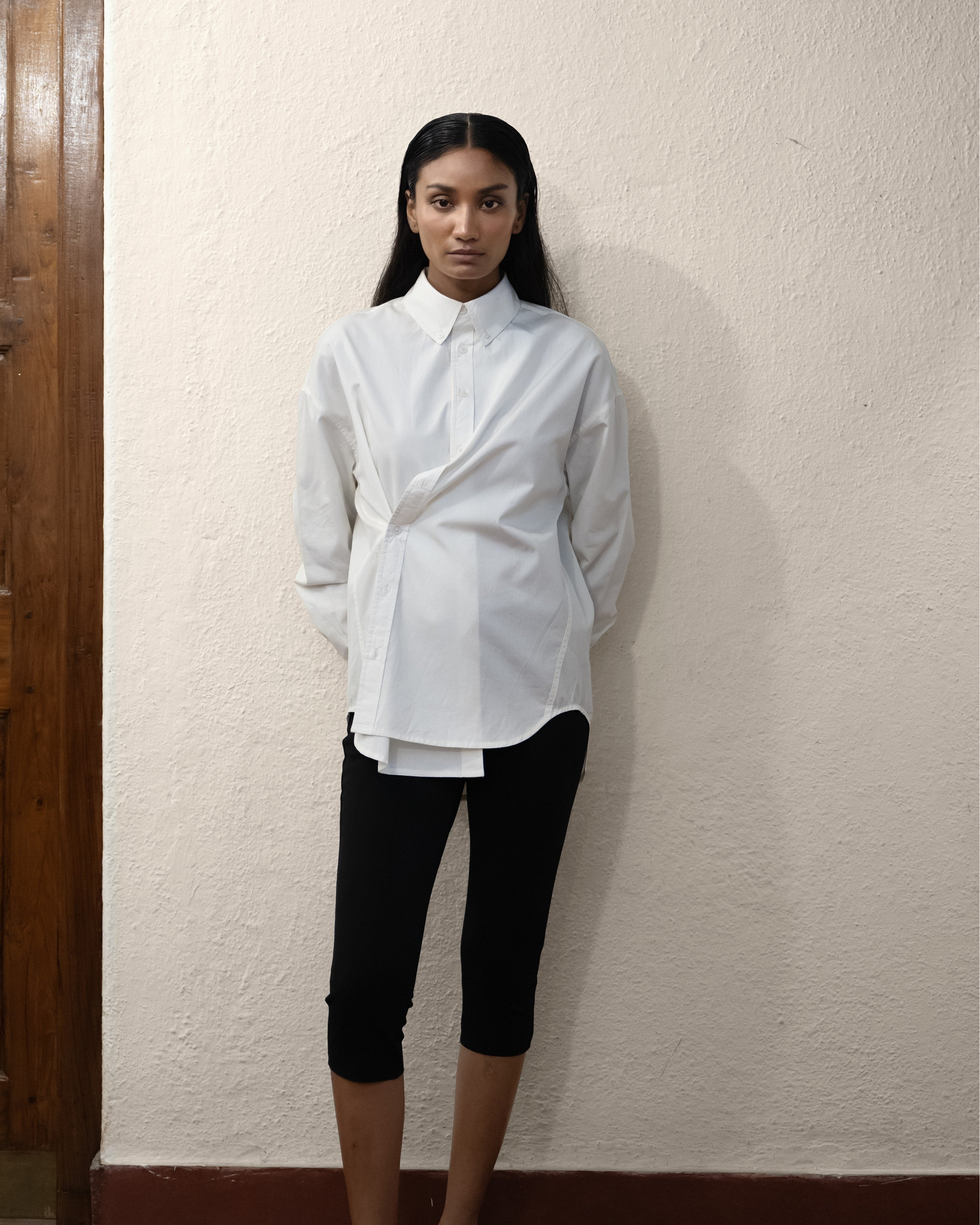 Hand-Embroidered Asymmetric Organic Cotton Poplin Shirt Classic White